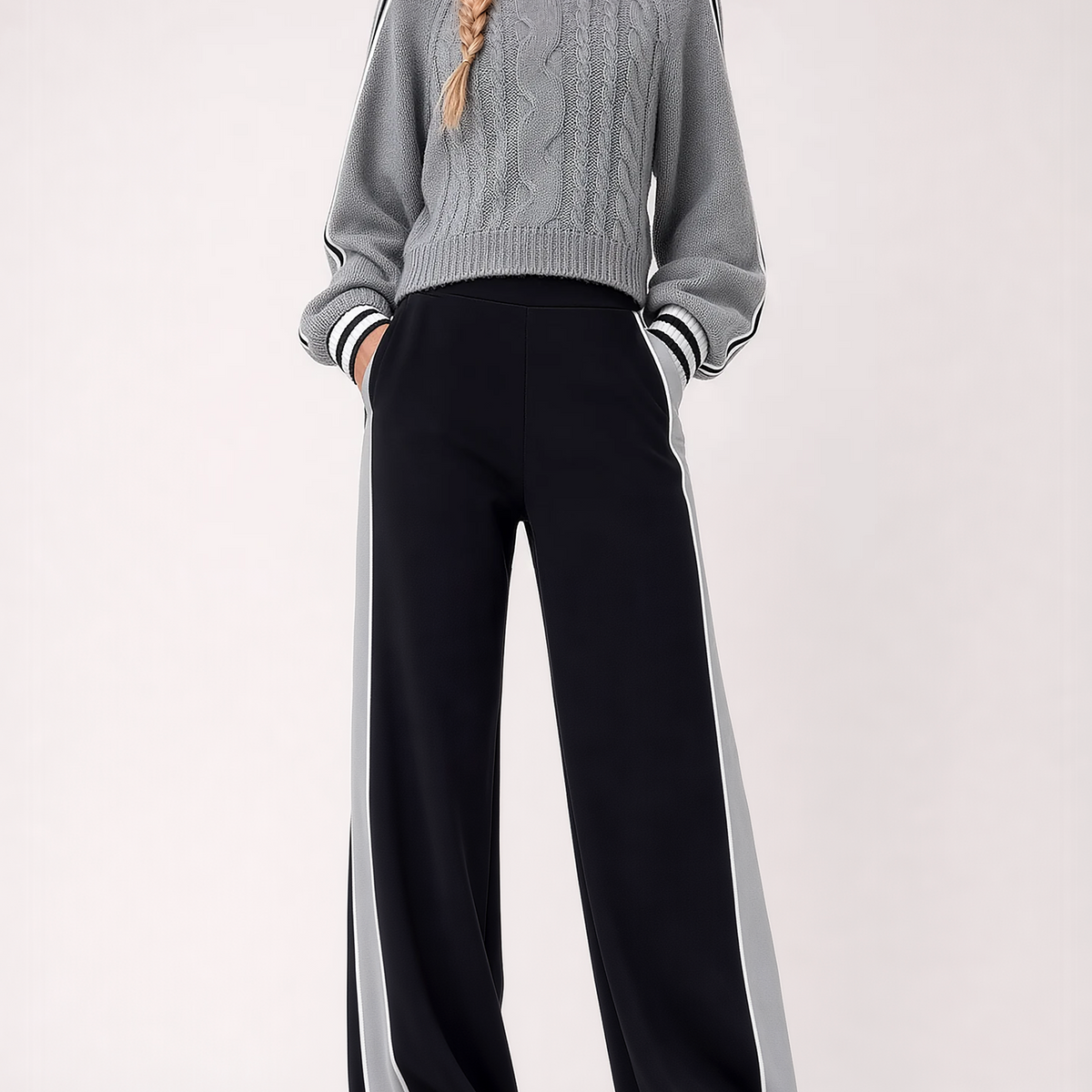 Grey Cable-knit Sweater And Striped Wide-leg Trousers Set