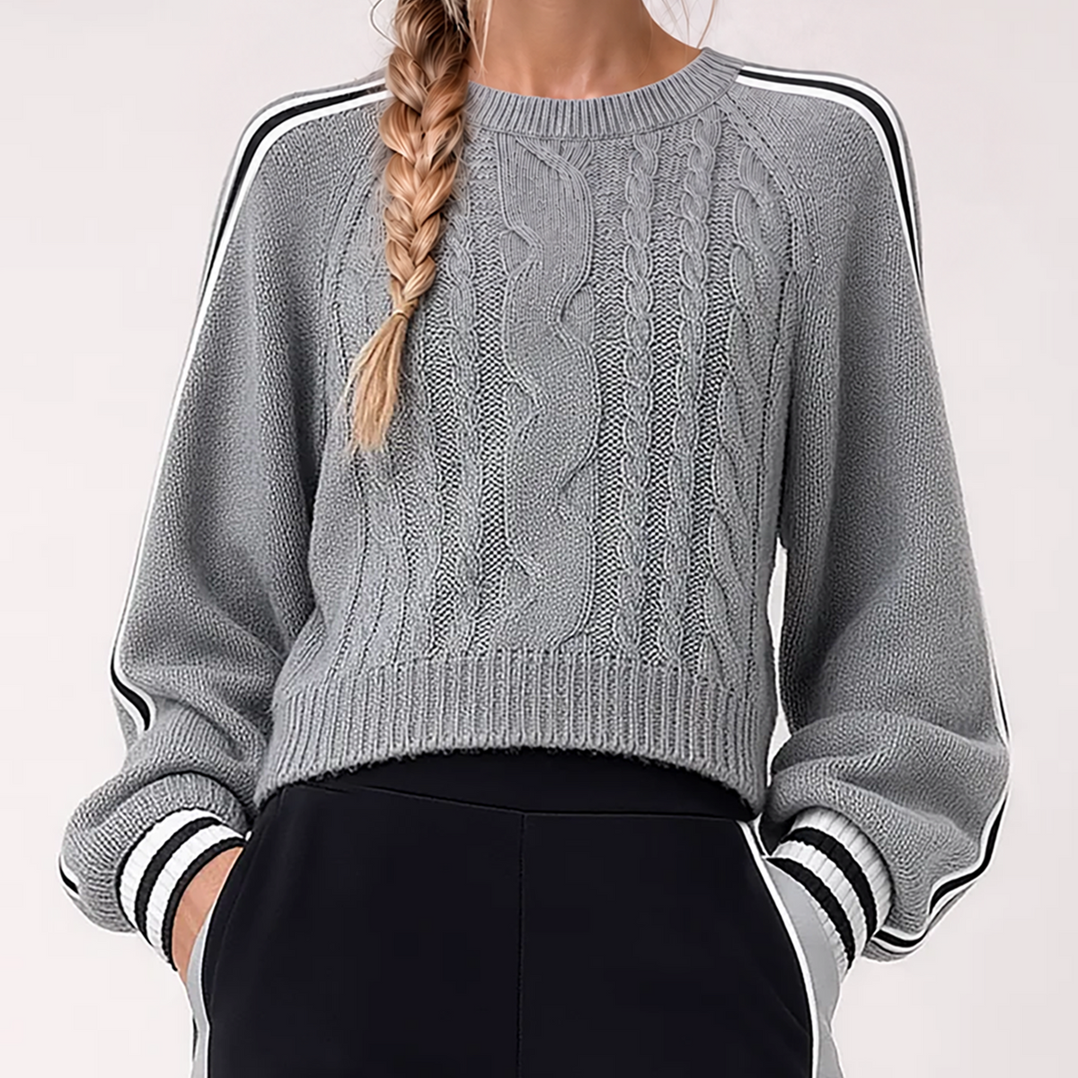 Retro Cropped Cable-knit Sweater With Color-blocking