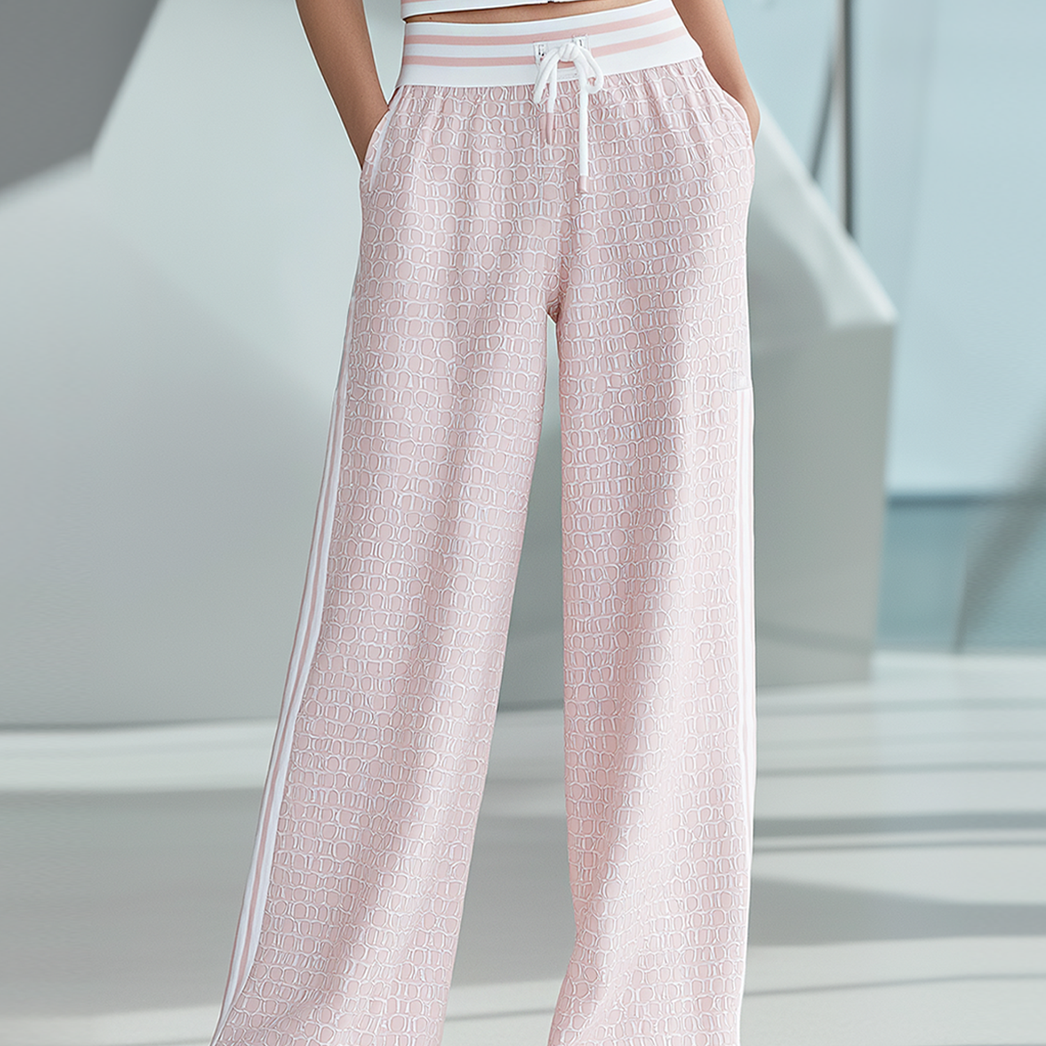 Women's Fashionable Casual Pink Textured Color-block Drawstring Wide-leg Pants