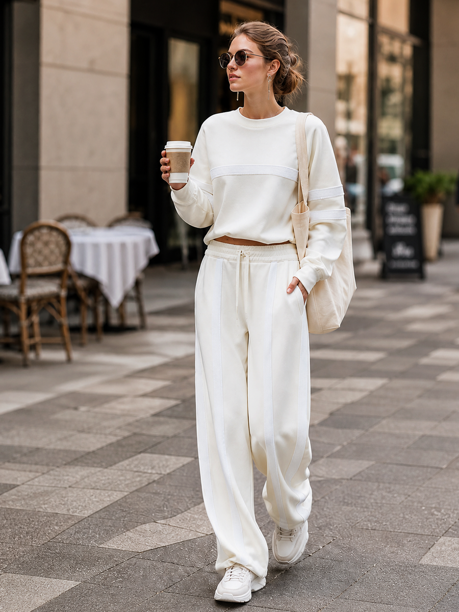 Women's Stylish Casual Beige Textured Patchwork Sweatshirt And Wide-leg Pants Set