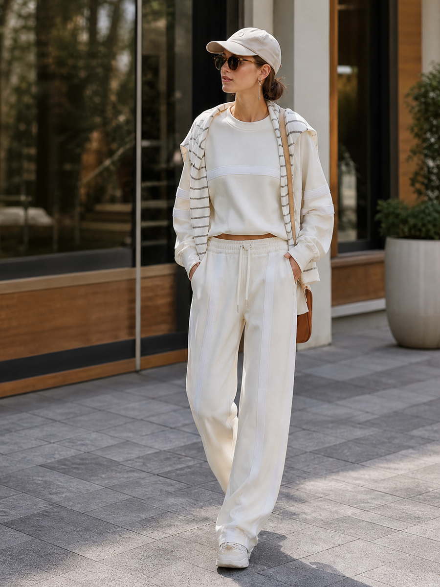 Women's Stylish Casual Beige Textured Patchwork Sweatshirt And Wide-leg Pants Set