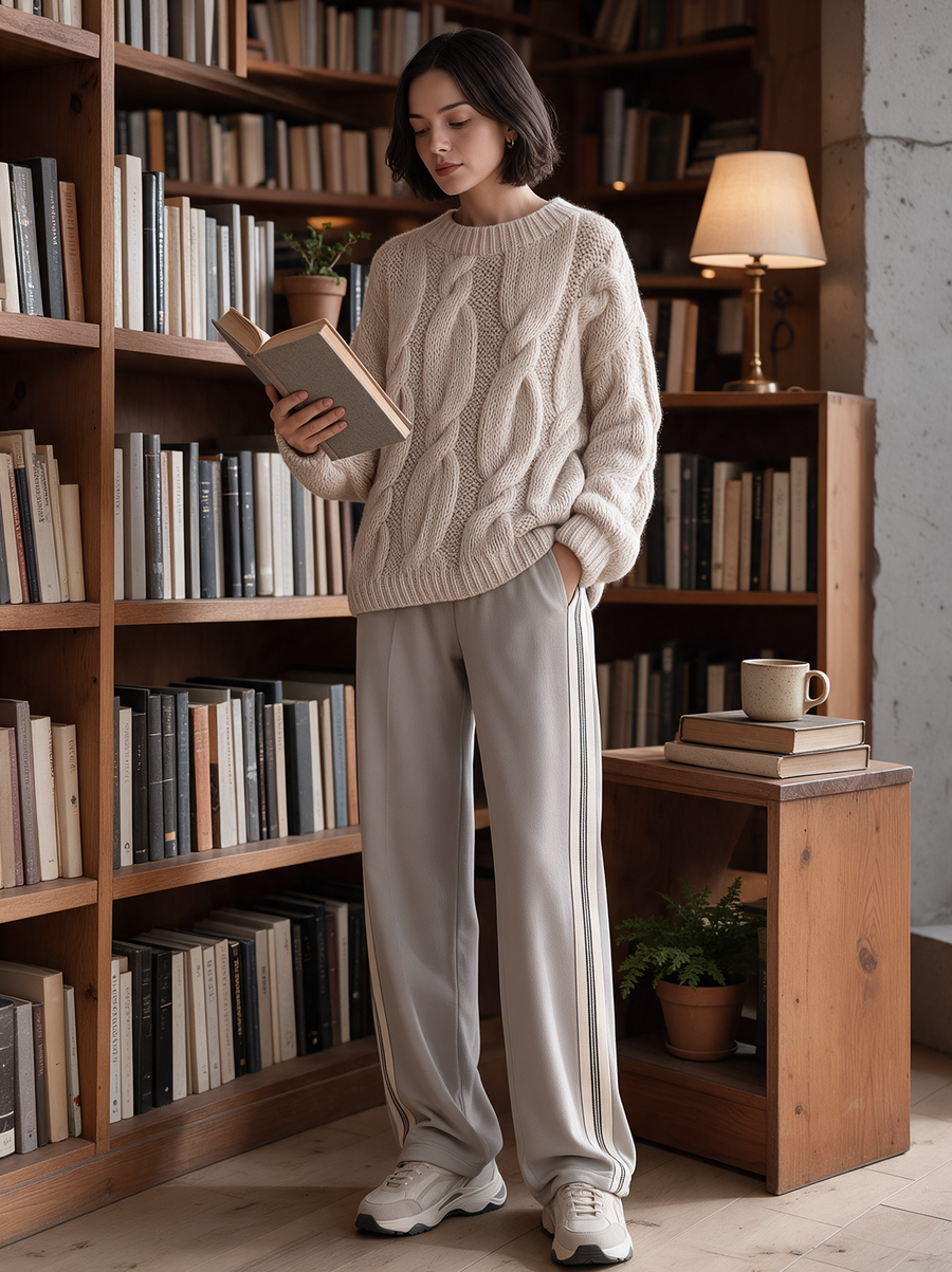 Cream Cable Knit Sweater & Grey Side Stripe Wide-Leg Pants Set