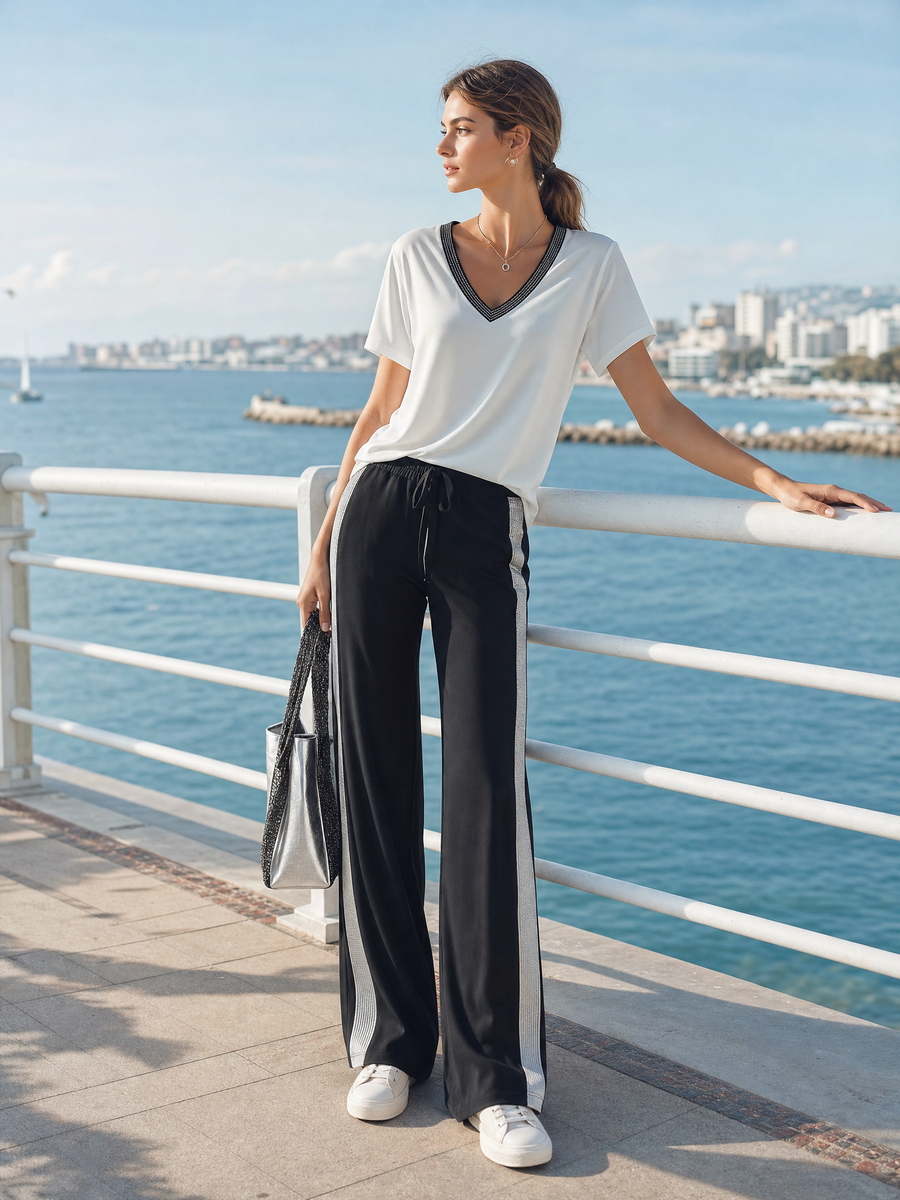 Women's White V-neck T-shirt And Black Wide-leg Pants With Silver Trim Set