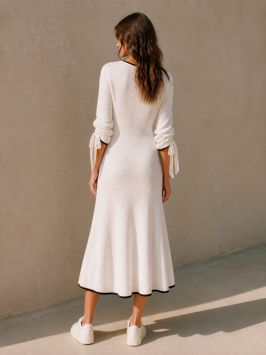 Knit Midi Mermaid Dress With Contrast-Trim Bow Sleeves
