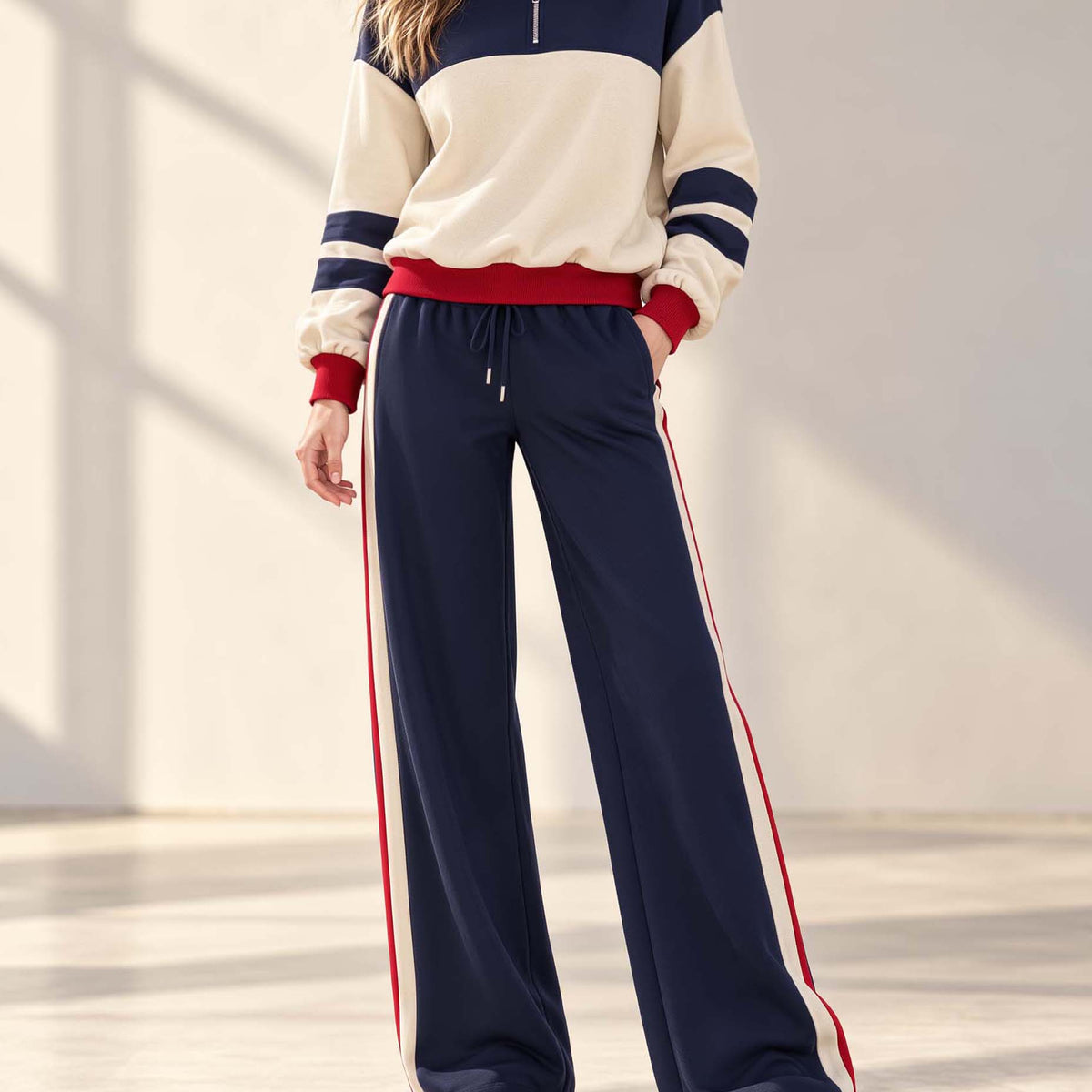 Beige And Navy Color-block Half-zip Top And Trousers Set In A Casual Sporty Style