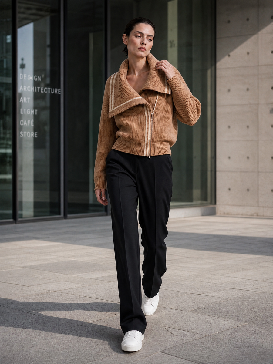 Camel Asymmetric-Zip Wide-Collar Ribbed Knit Cardigan Jacket