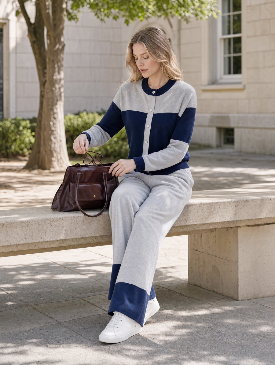 Navy And Grey Color-block Long-sleeve Crew-neck Cardigan And Trousers Set