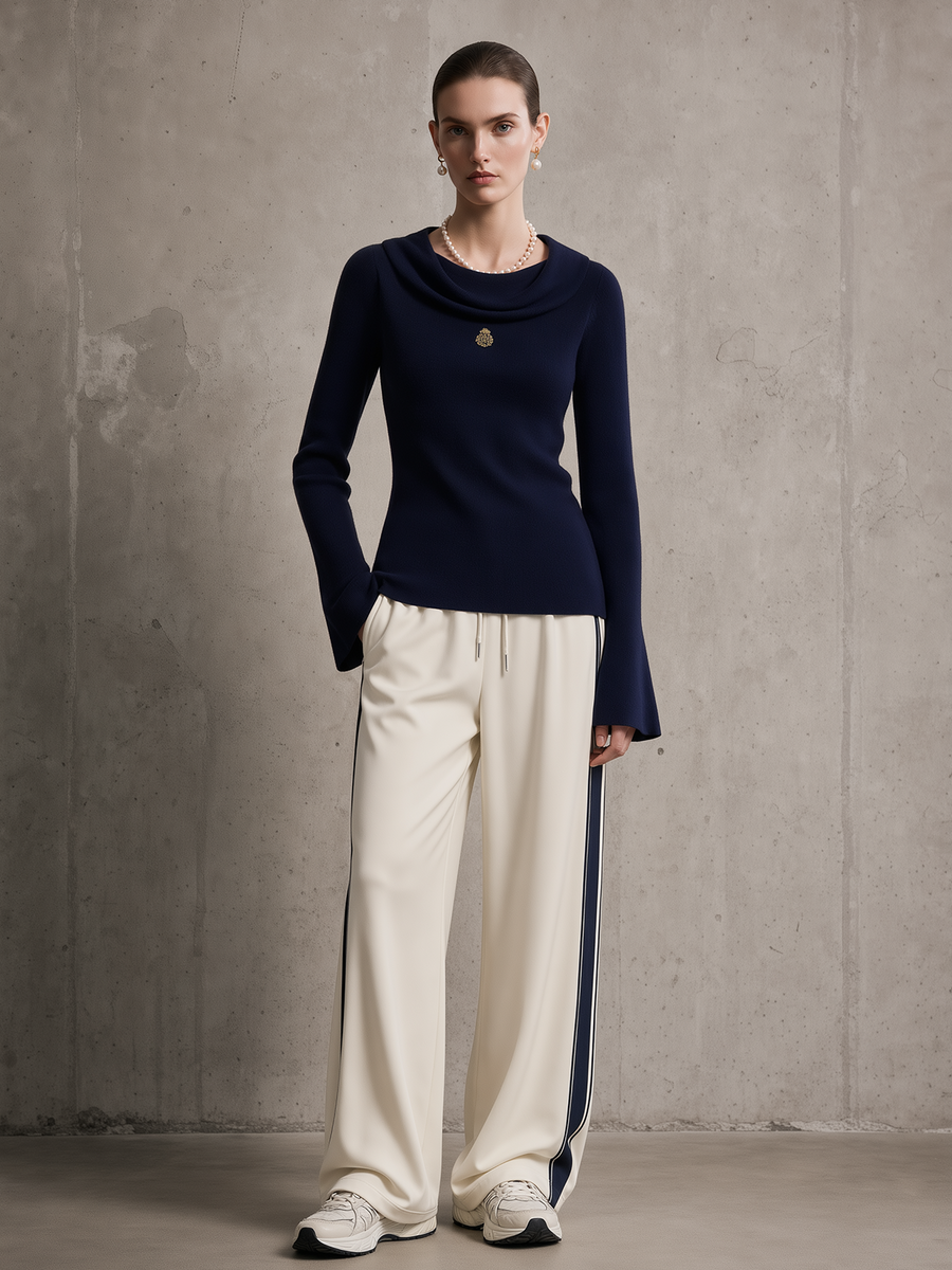 Navy Cowl Neck Knit Top & Cream Side Stripe Wide-Leg Pants Set