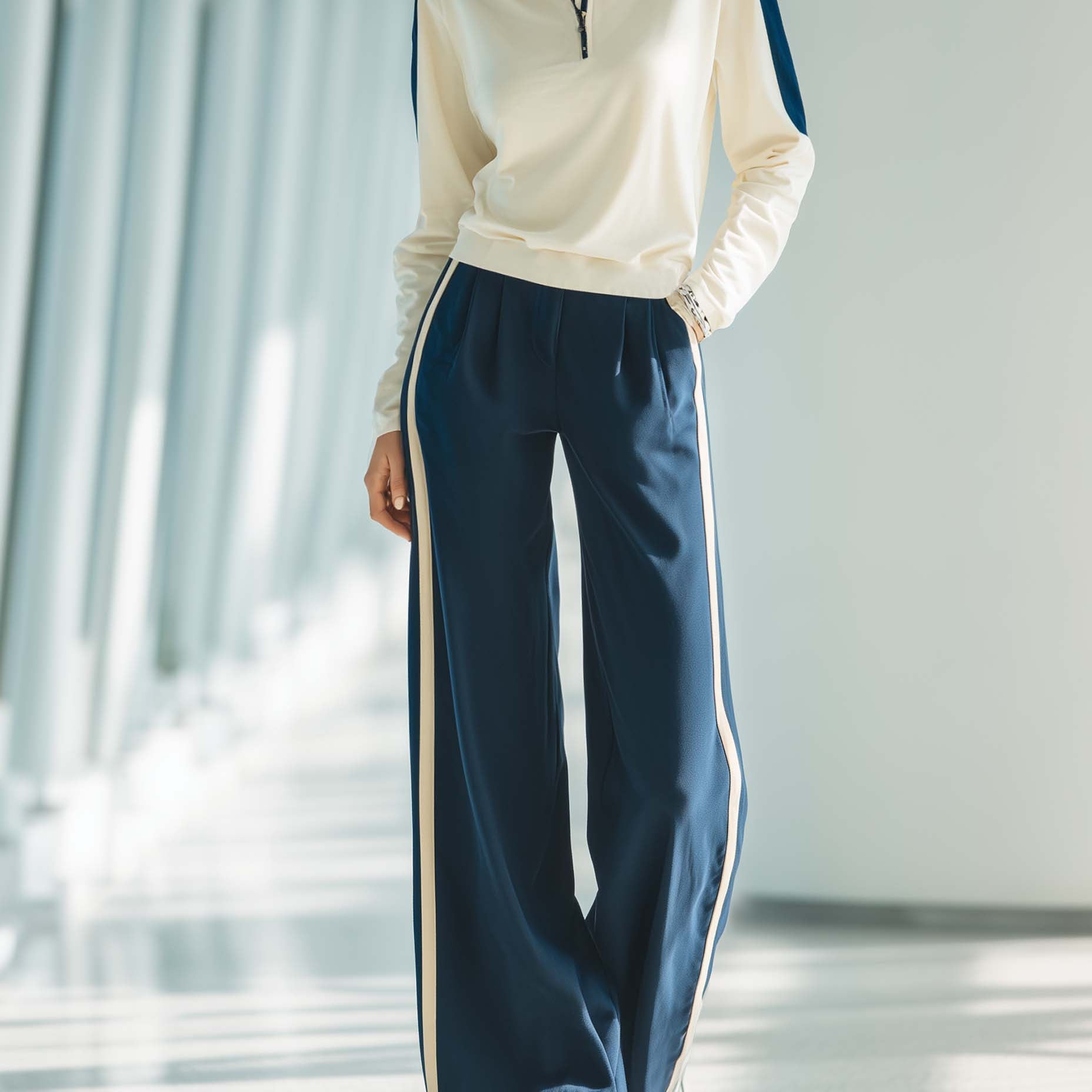 Women's Stylish Casual Outfit: White Collared Top And Dark Blue Trousers Set