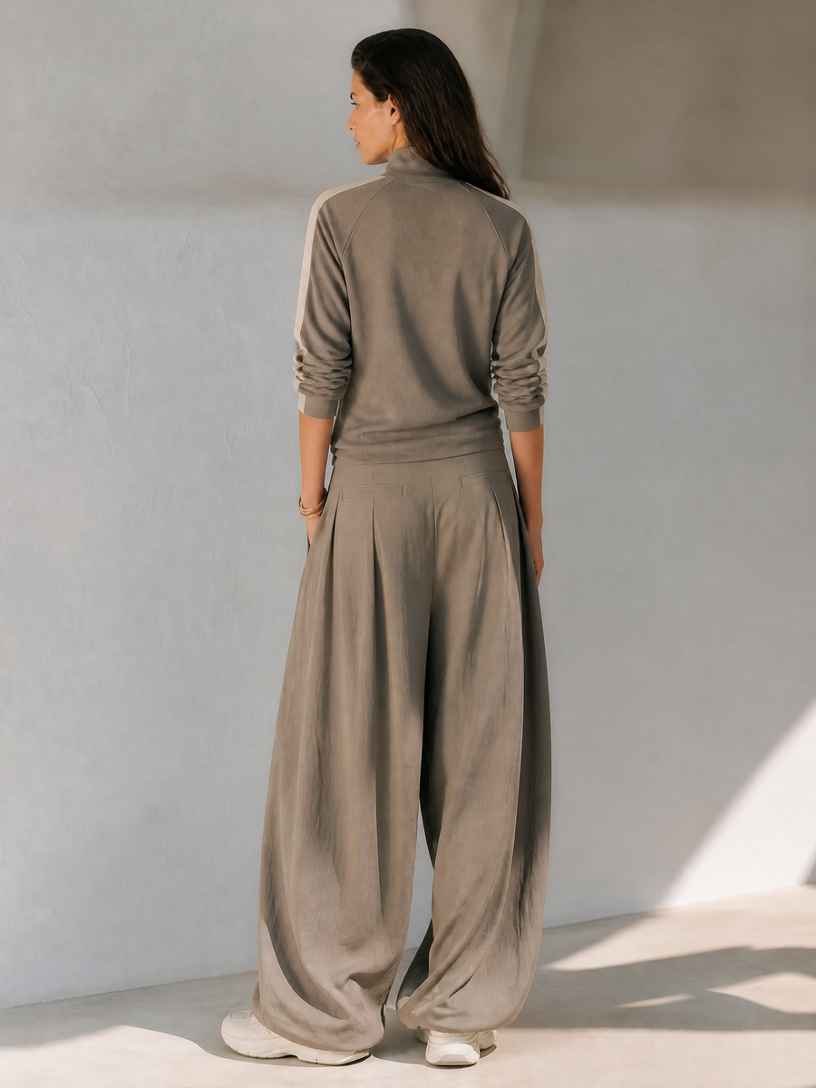 Khaki Color-block Half-zip Top And Wide-leg Casual Trousers Set