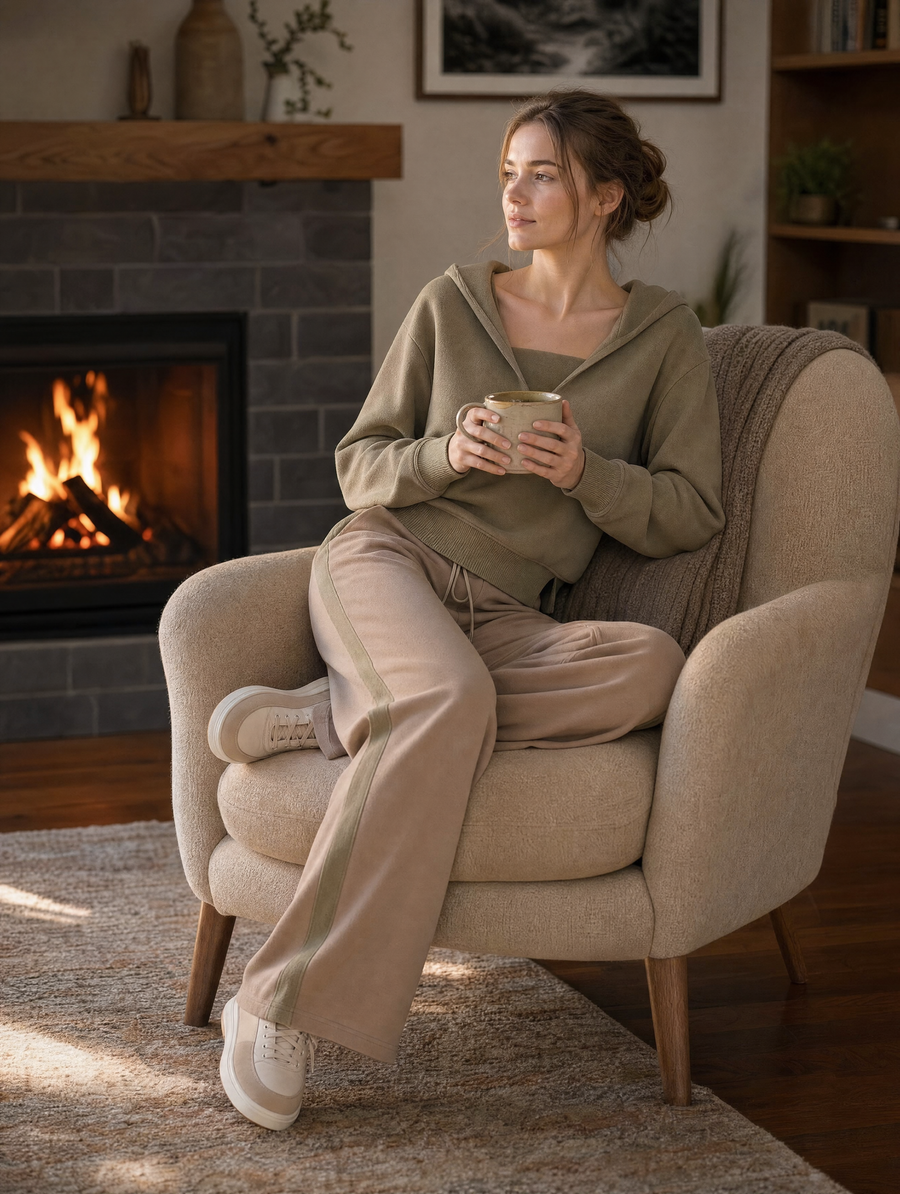 Khaki-green Long-sleeve Hooded Sweatshirt And Khaki Color-block Trousers Set