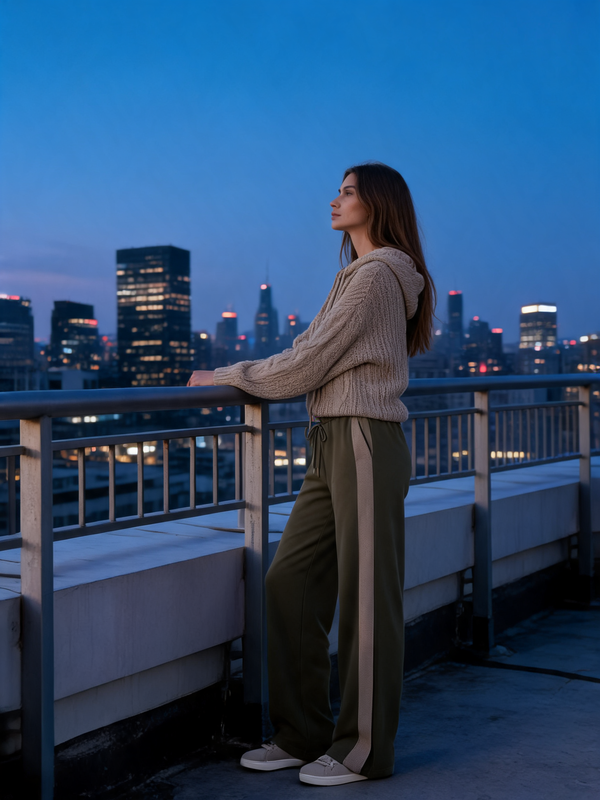 Khaki Long-sleeve Hooded Sweater And Color-block Wide-leg Trousers Set
