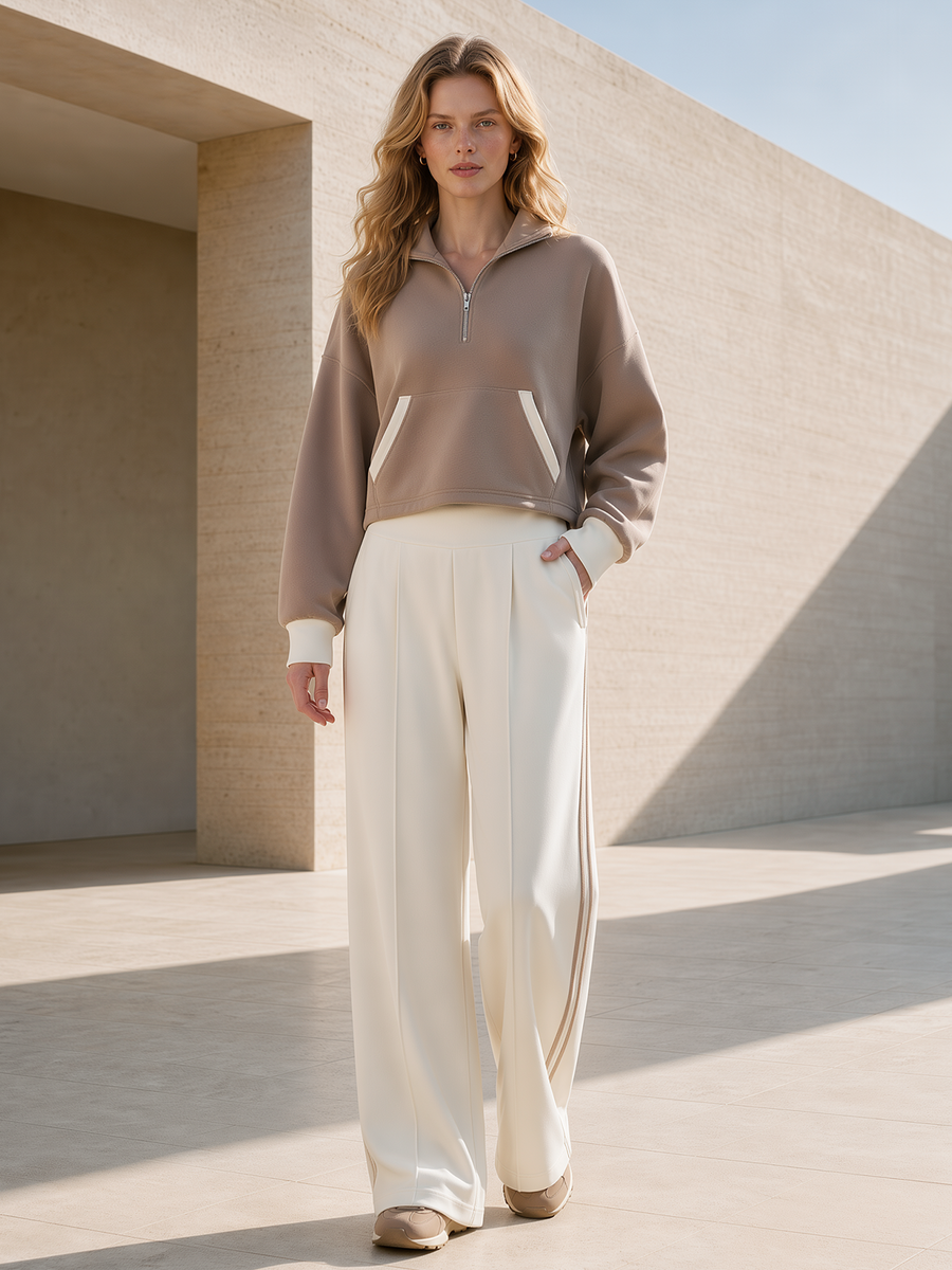 Khaki Cropped Half-zip Sweatshirt With Pockets And Off-white Wide-leg Pants Set