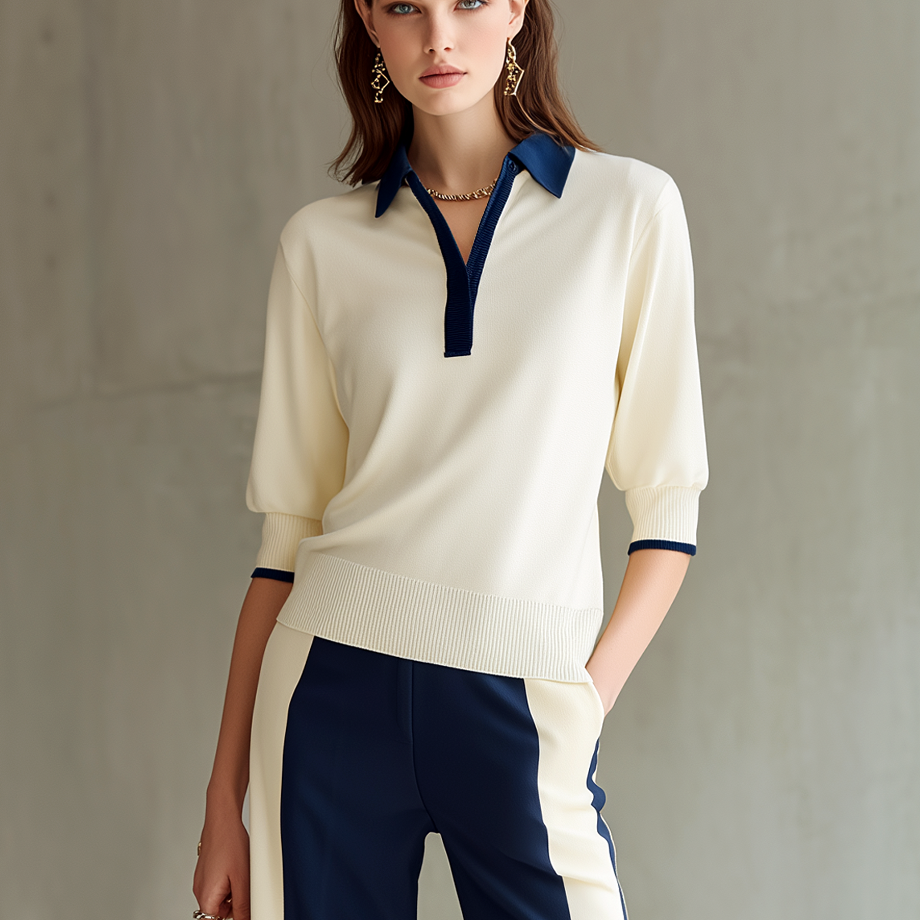 Women's Off-white Polo Neck Short-sleeved Knitted Top With Half-button Closure