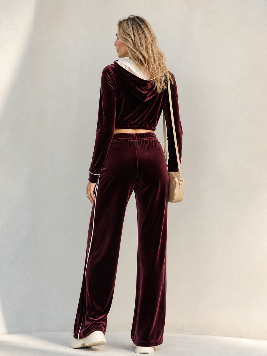 Women's Velvet Contrast Piping Hooded Crop Top and Wide Leg Pants Set