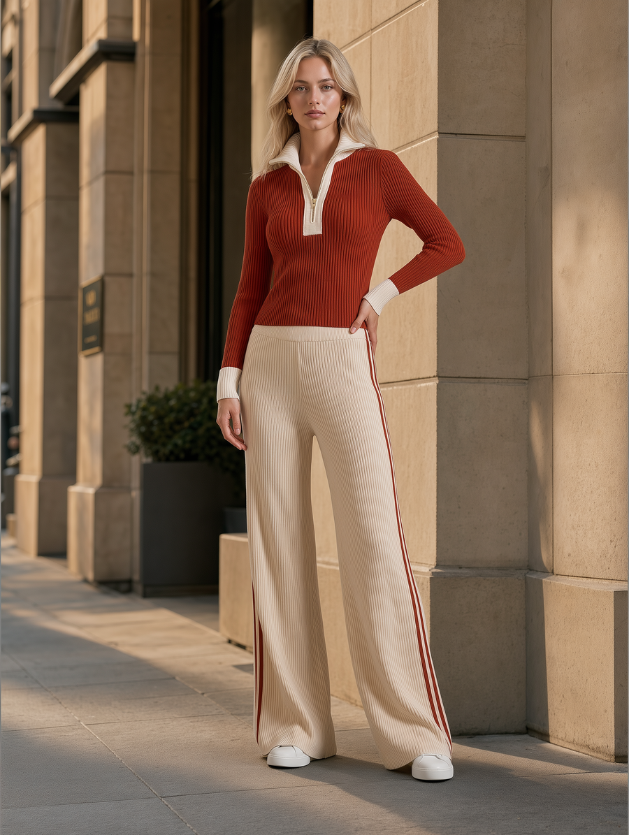 Rust Half-Zip Ribbed Knit Top & Side-Stripe Wide-Leg Pants Set