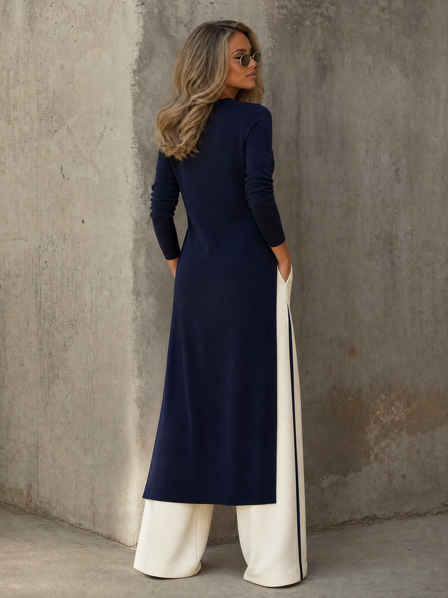 Navy Longline Knit Cardigan & Cream Side-Stripe Wide-Leg Pants Set