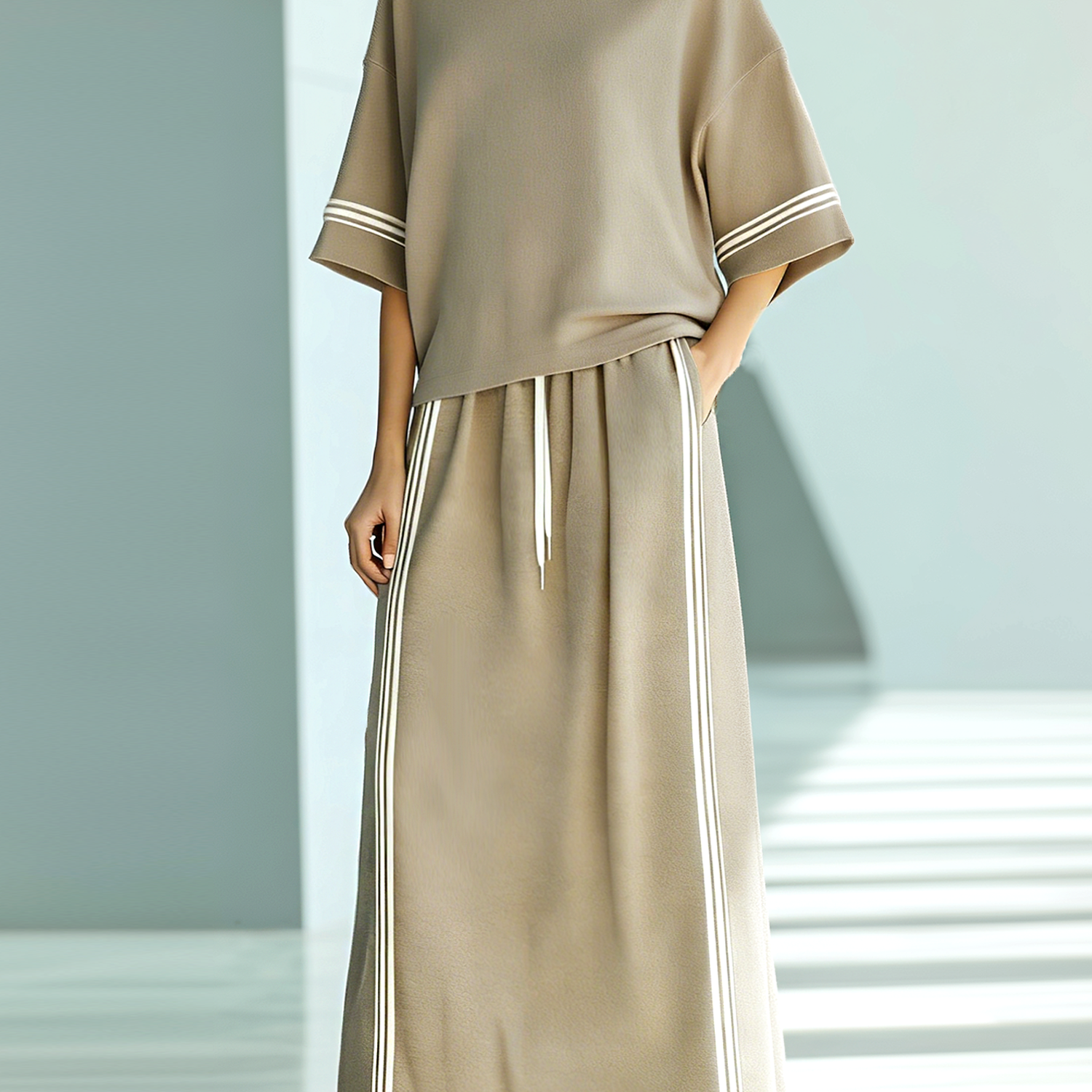Women's Fashionable Casual Light Khaki Color-block T-shirt And Long Skirt Set