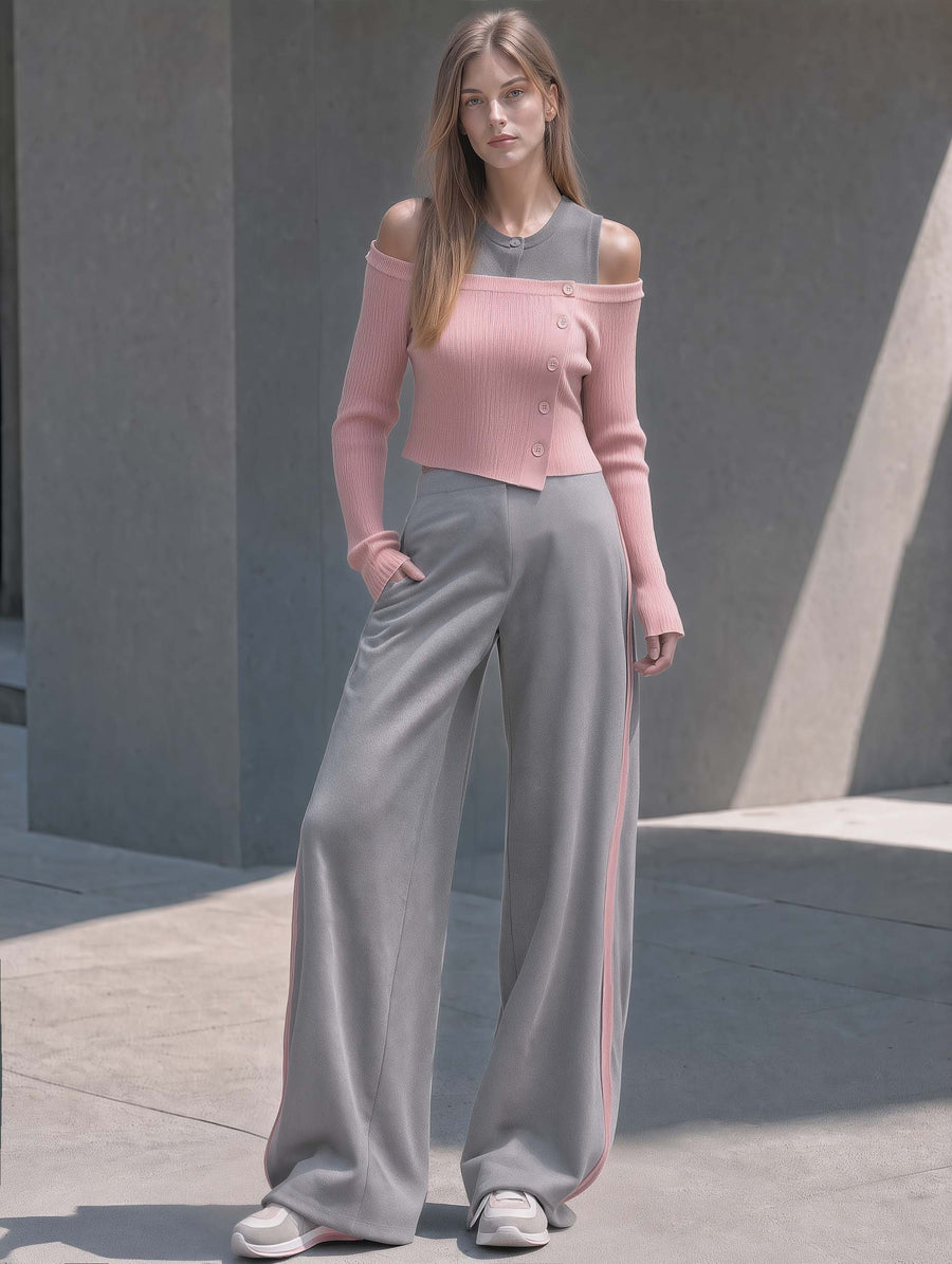 Pink And Grey Color-block "faux-layered" Off-shoulder Long-sleeve Top And Wide-leg Trousers Set