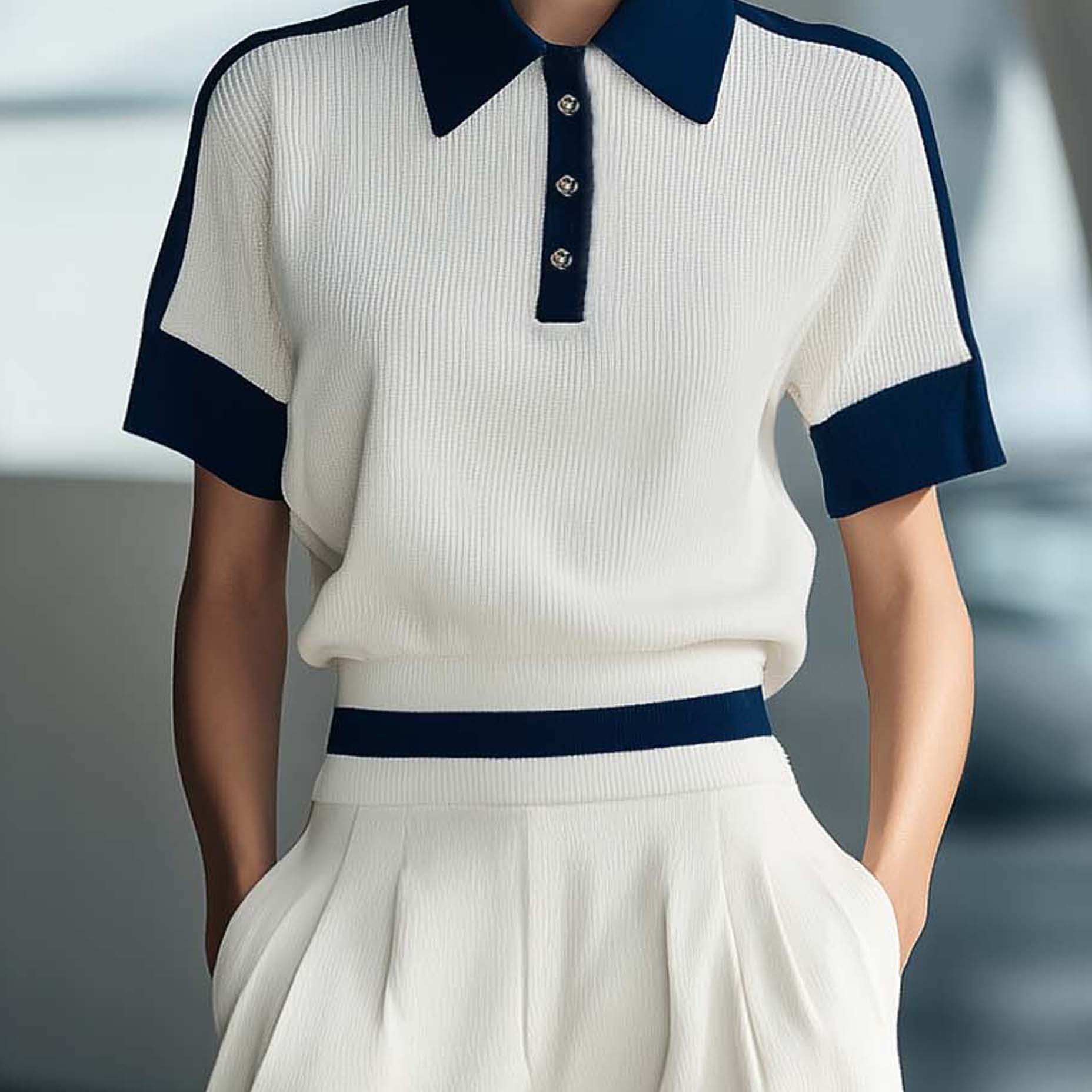 Women's Stylish And Comfortable Short-sleeved Top In White And Navy Blue Color Block Design