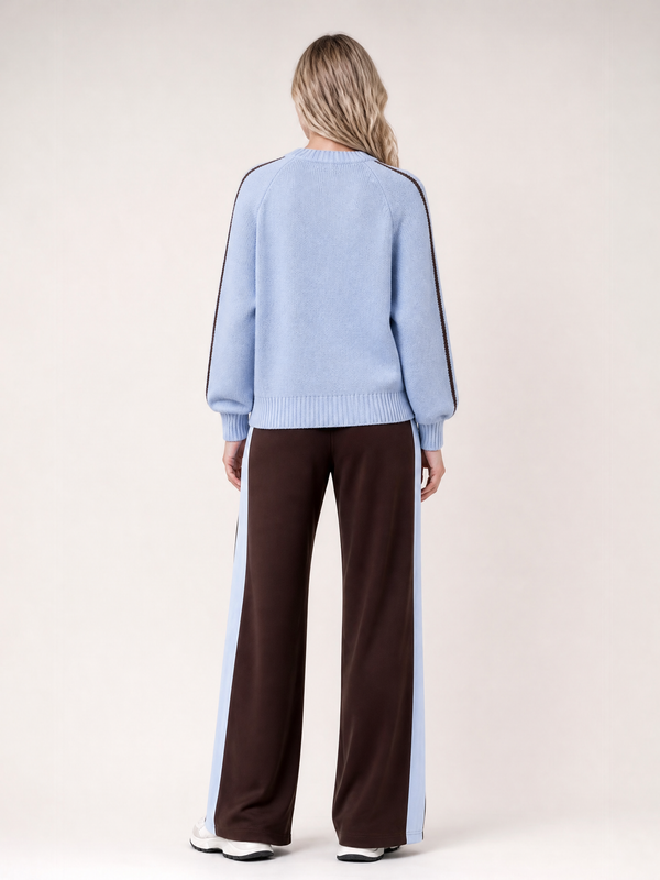 Light Blue Cable Knit Sweater & Brown Wide Leg Pants 2 Piece Set
