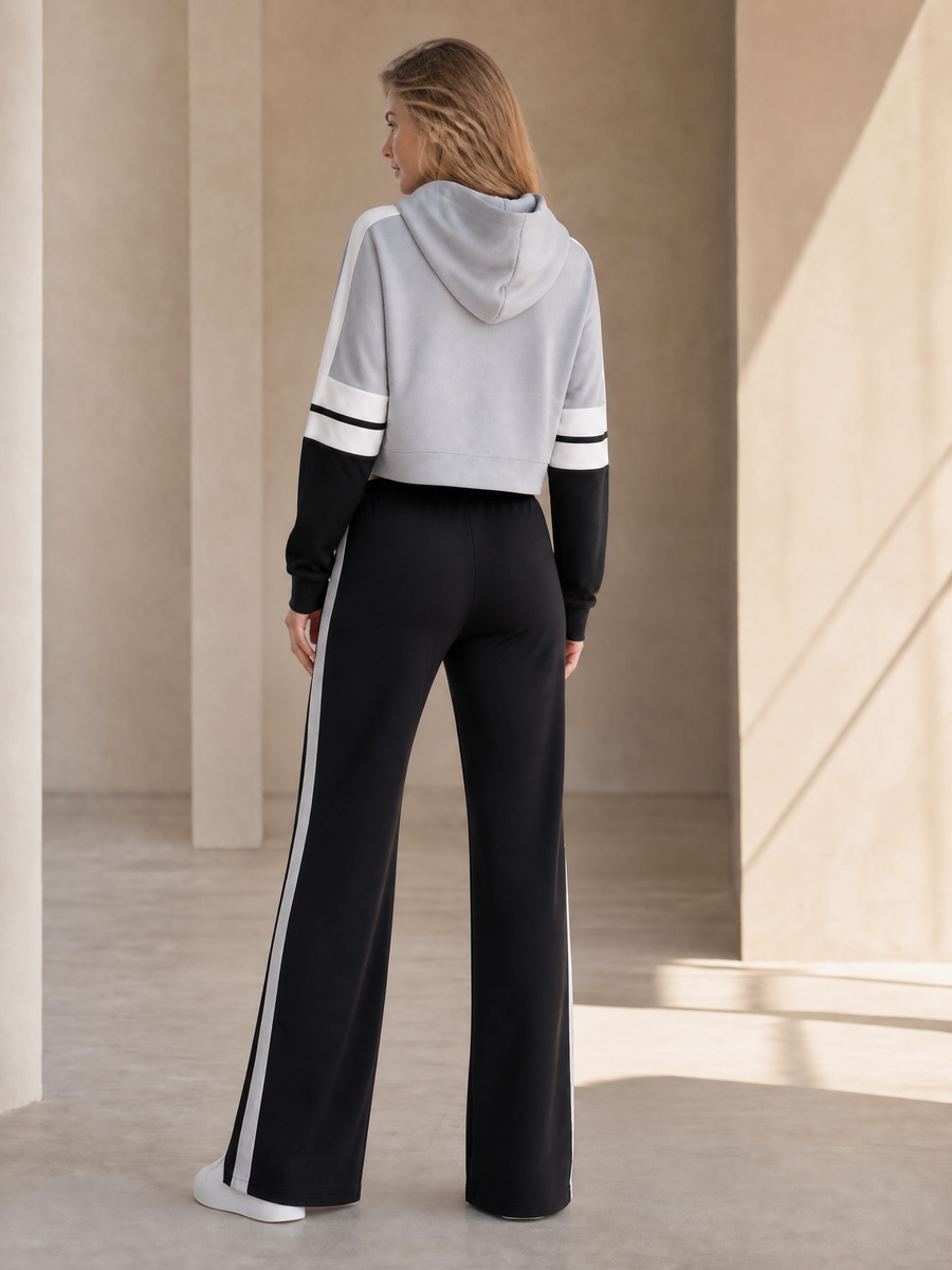Grey Color-block Long-sleeve Hooded Top And Black Split-hem Trousers Set