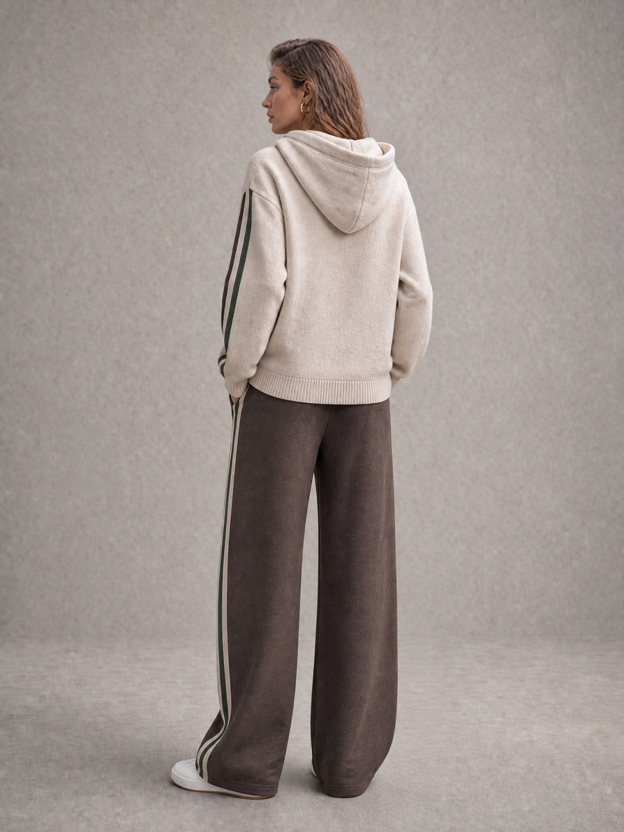Oatmeal Aztec Knit Hoodie And Side-Stripe Wide-Leg Pants Set