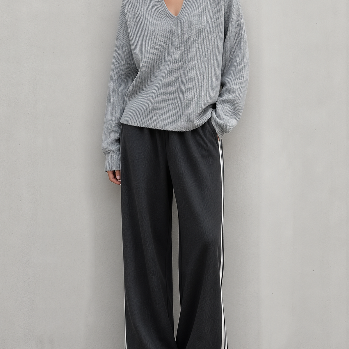 Grey V-neck Loose-fit Sweater With Contrasting Details And Side-stripe Wide-leg Pants Set