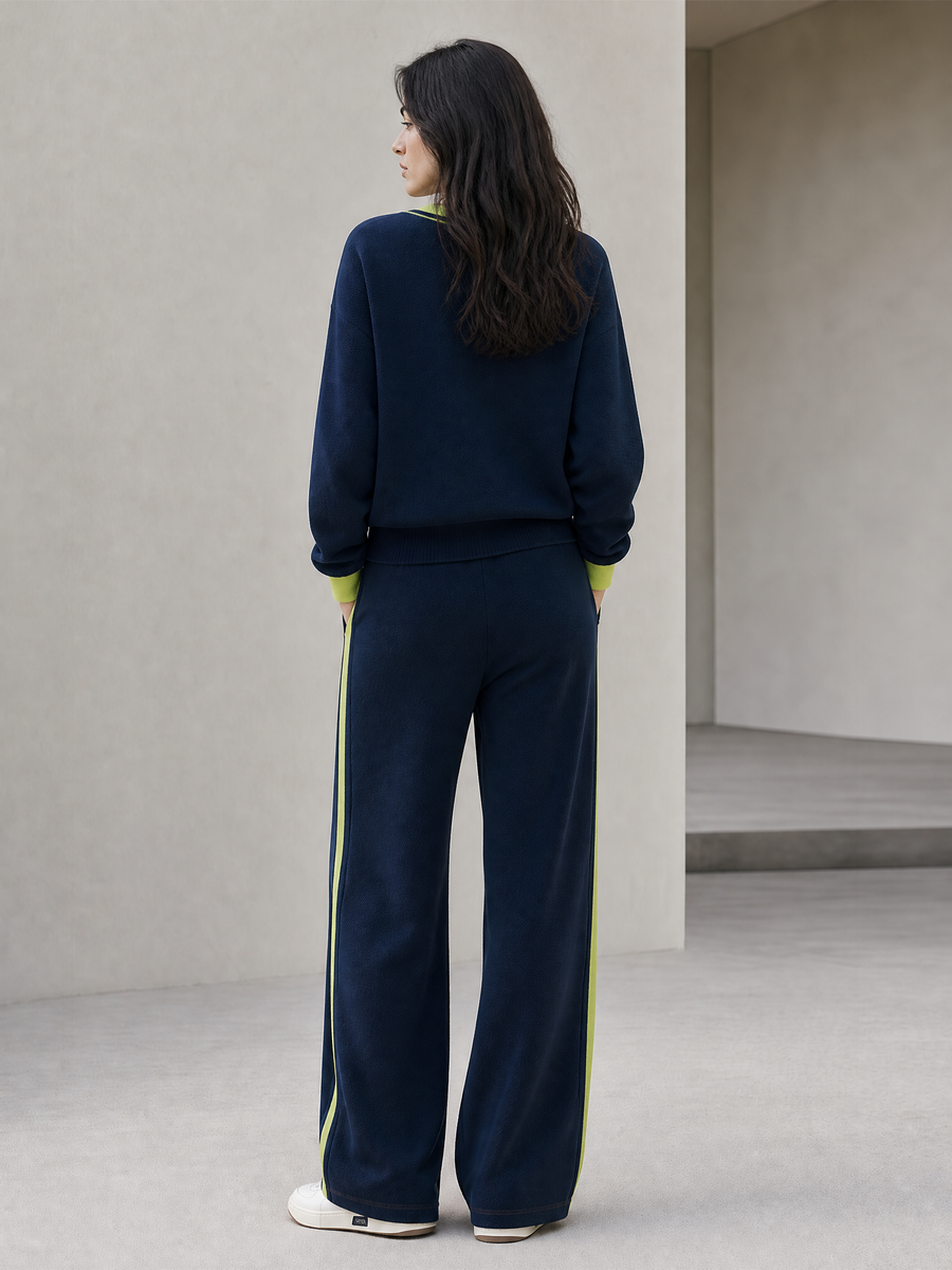 Navy And Lime Green V-Neck Knit Wide-Leg Pants Set