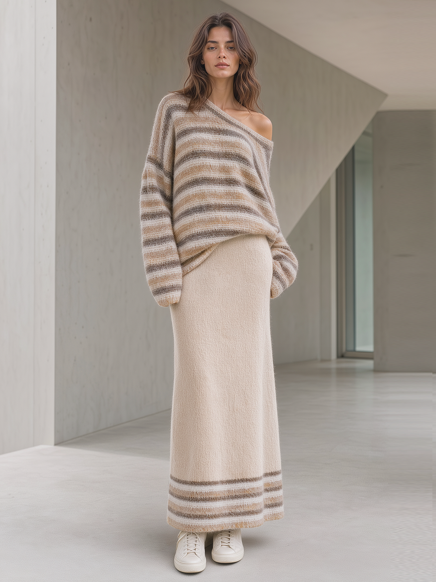 Brown Striped Off‑Shoulder Knit Top Maxi Skirt Set