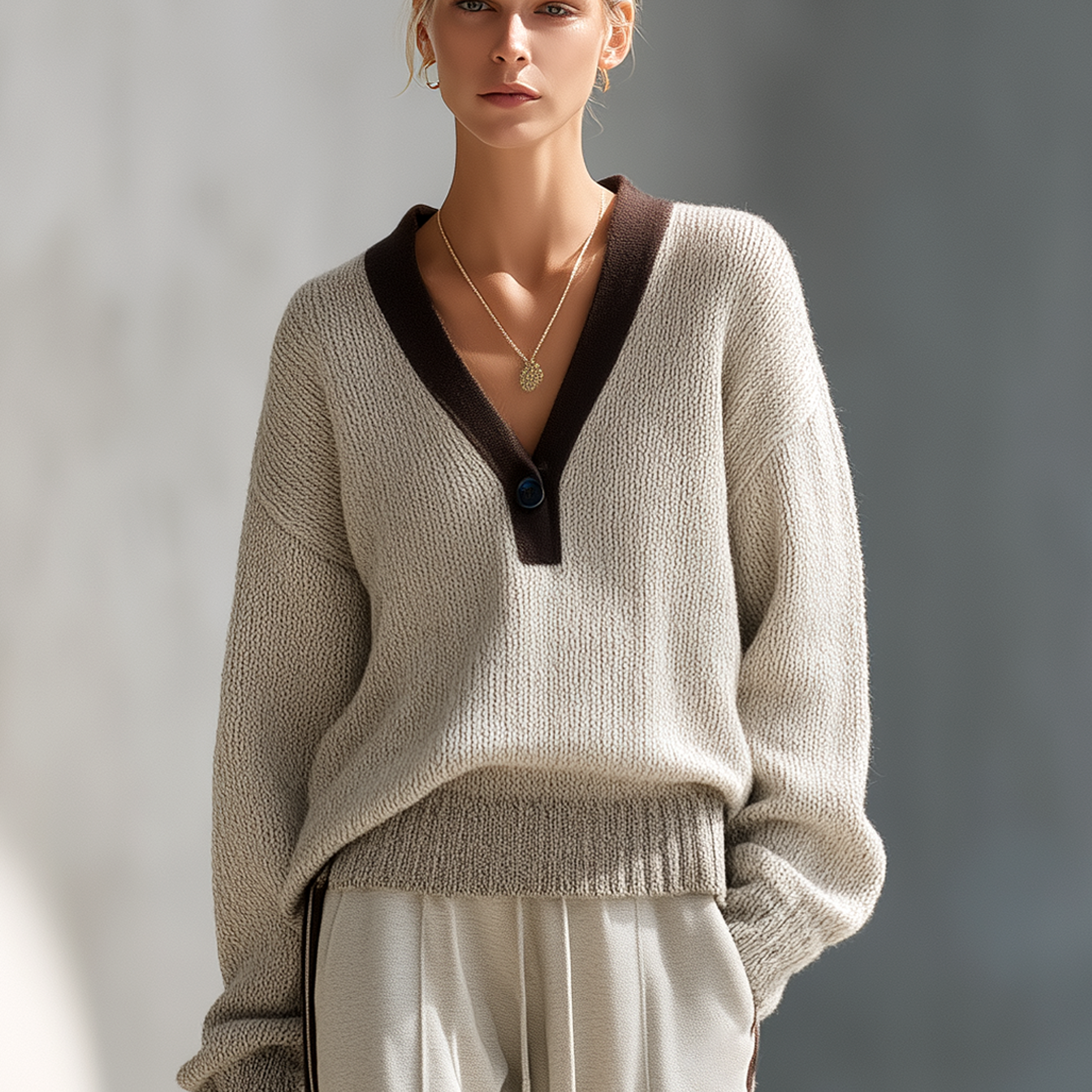 Women's Light Gray And Coffee-colored V-neck Loose, Relaxed-fit Knitted Sweater