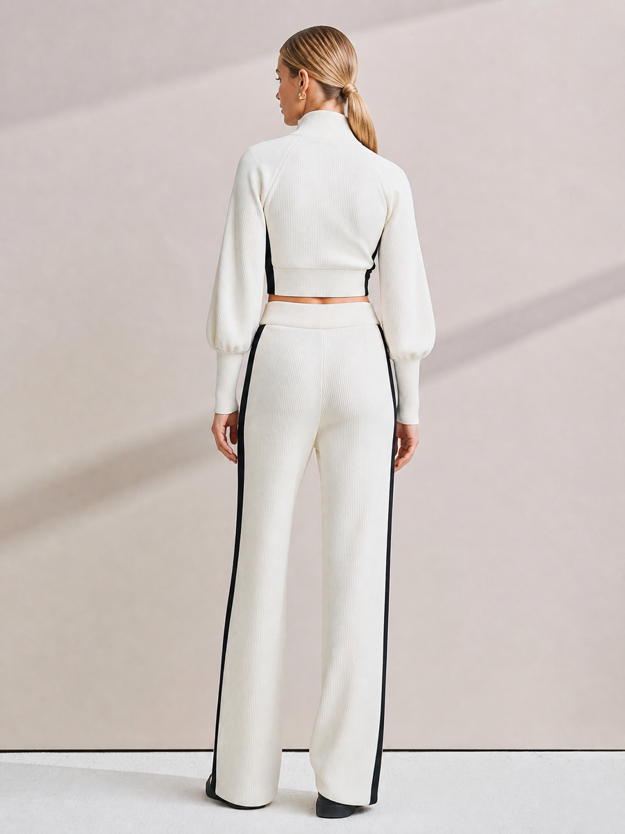 Off-white Ribbed Knit Cardigan And Slight-flare Trousers Set