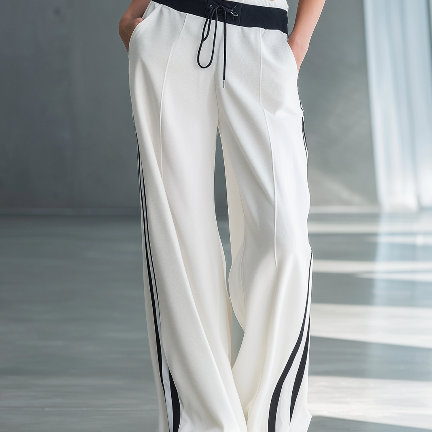 Women's Stylish Casual White High-waisted Wide-leg Trousers With Contrasting Details
