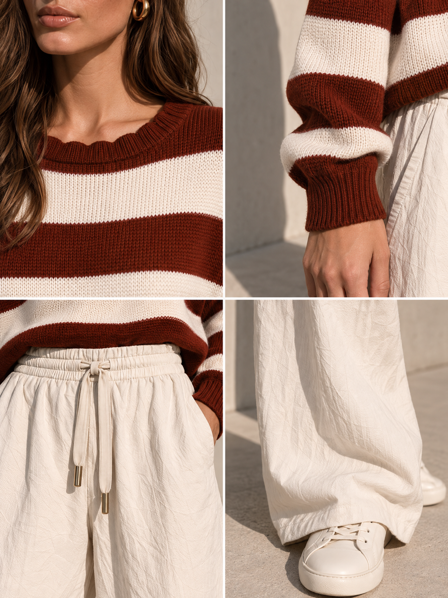 Dark Red Striped Sweater And Off-white Wide-leg Trousers Set