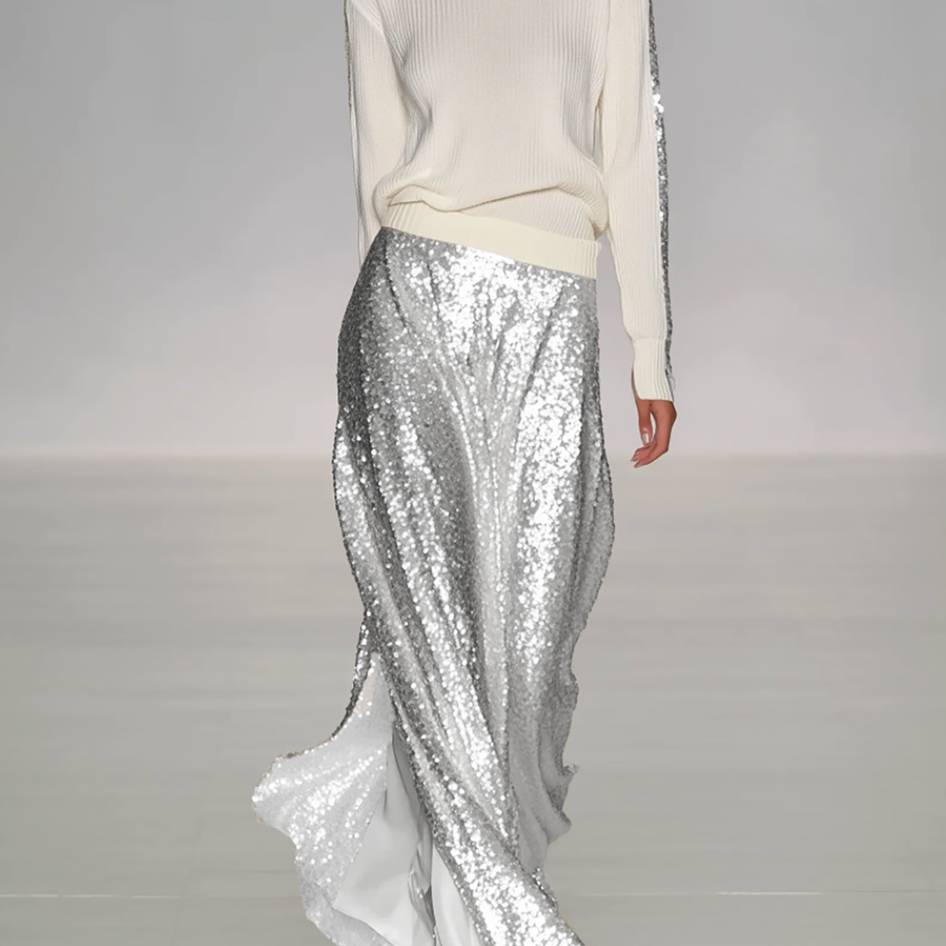 Women's Fashionable Casual Round Neck Knitted Top With Sequined Long Skirt Suit