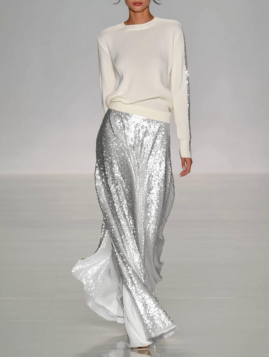 Women's Fashionable Casual Round Neck Knitted Top With Sequined Long Skirt Suit