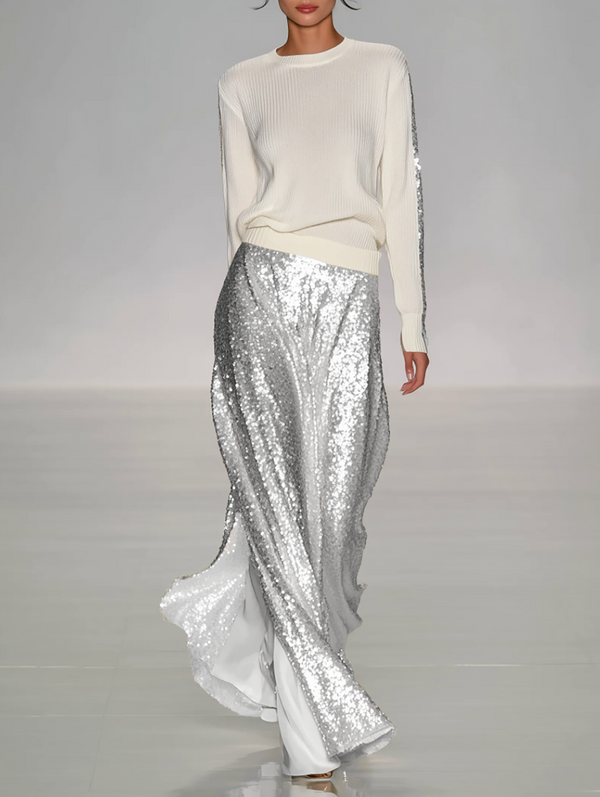 Women's Fashionable Casual Round Neck Knitted Top With Sequined Long Skirt Suit - Silver