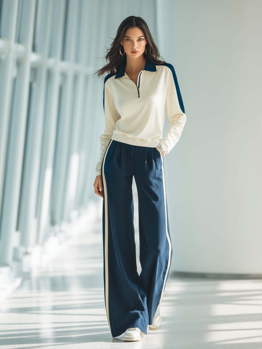 Women's Stylish Casual Outfit: White Collared Top And Dark Blue Trousers Set