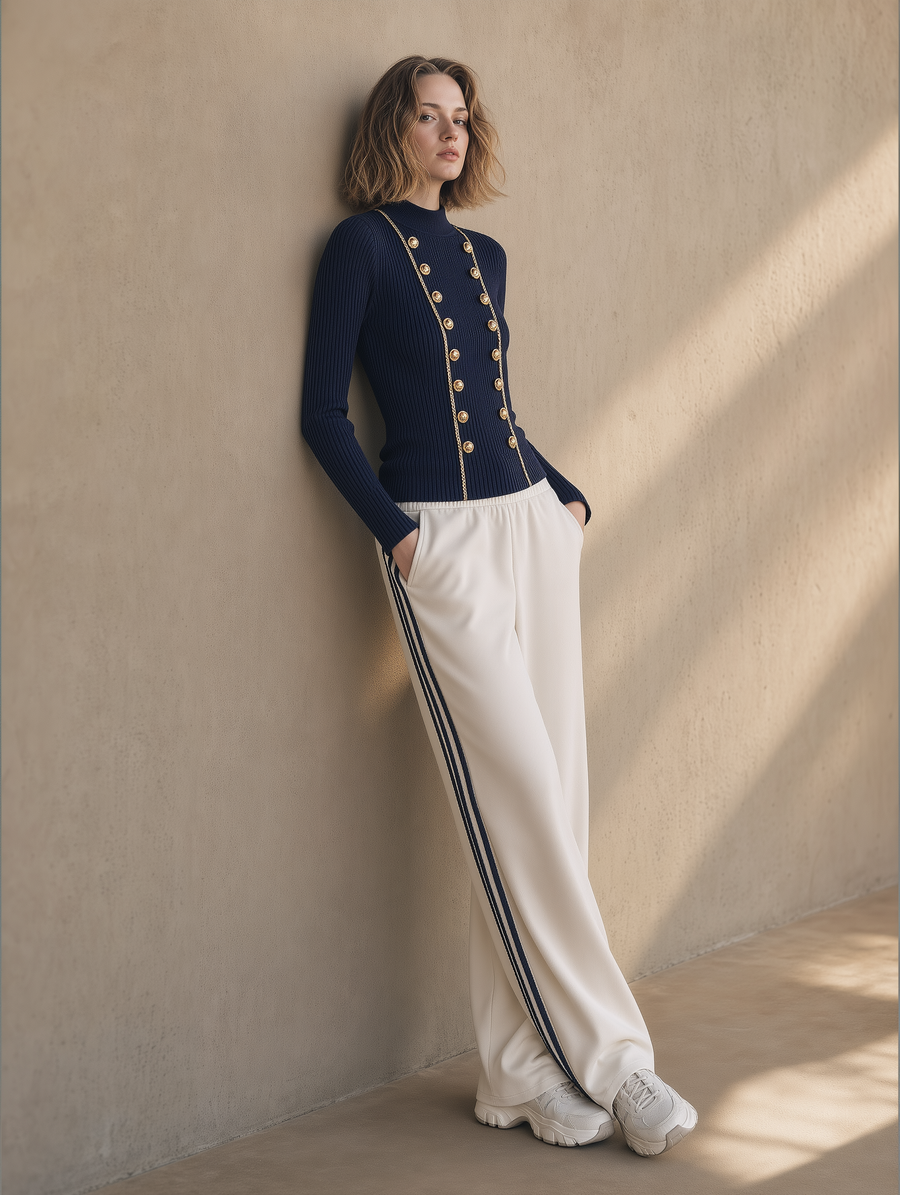 Navy Gold-Button Ribbed Knit Top & Ivory Side-Stripe Wide-Leg Pants Set