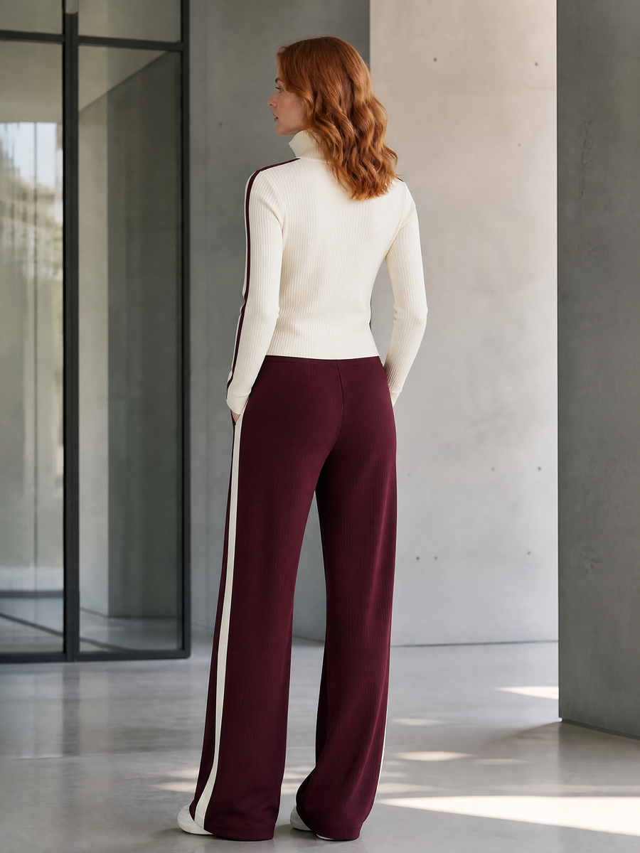 Off-white Ribbed Knit Cardigan And Burgundy Wide-leg Trousers Set