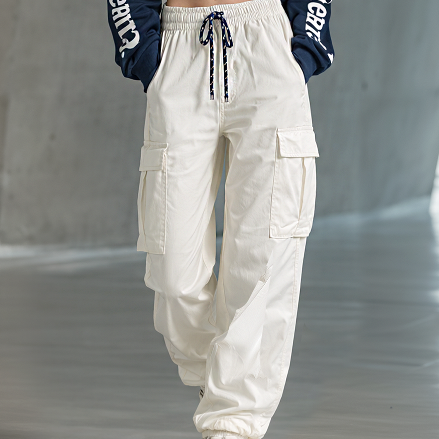 Women's Stylish Casual White Color-block Drawstring Wide-leg Cargo Pants