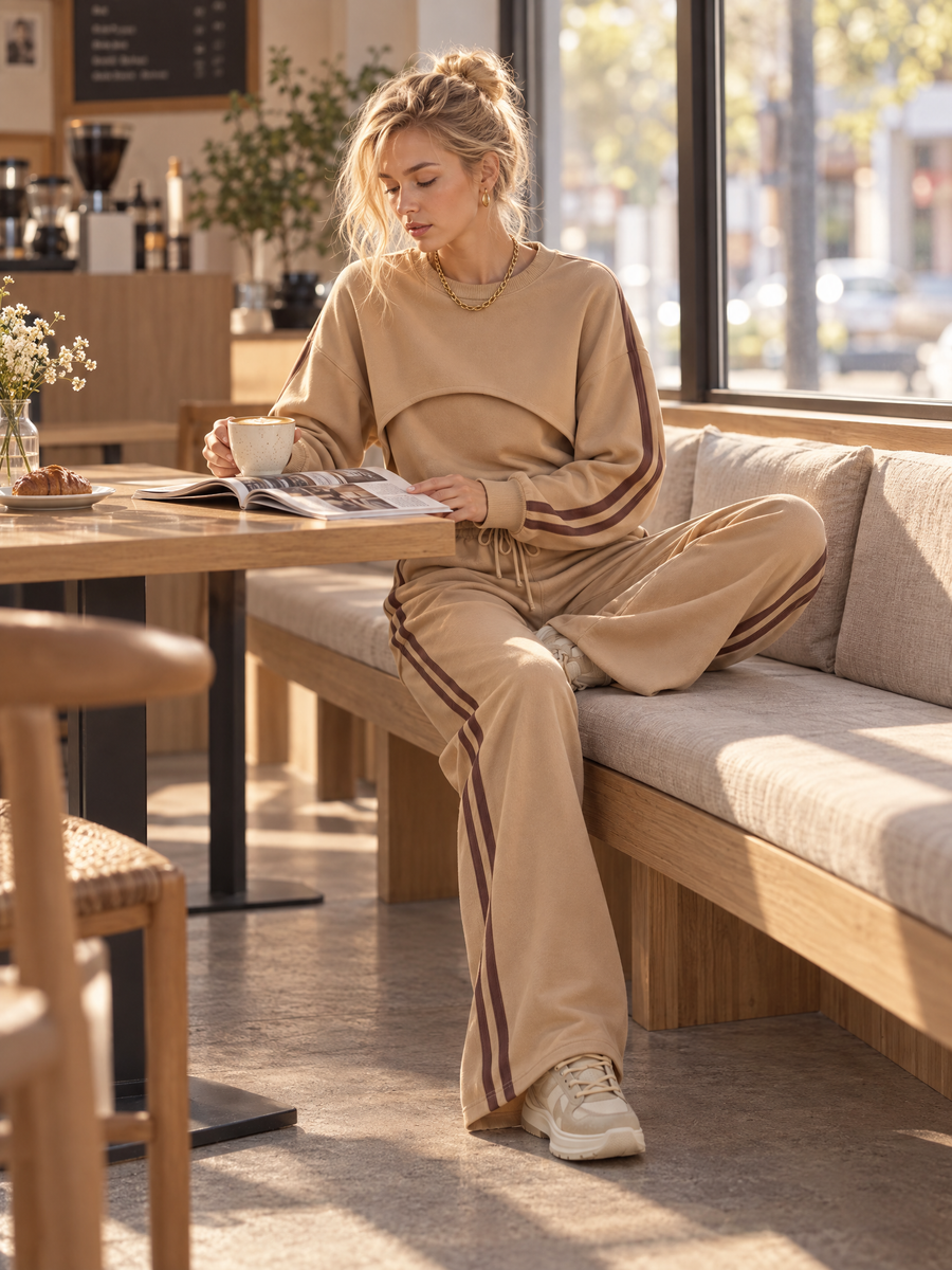 Athleisure-style Khaki Long-sleeve Top And Wide-leg Pants Set