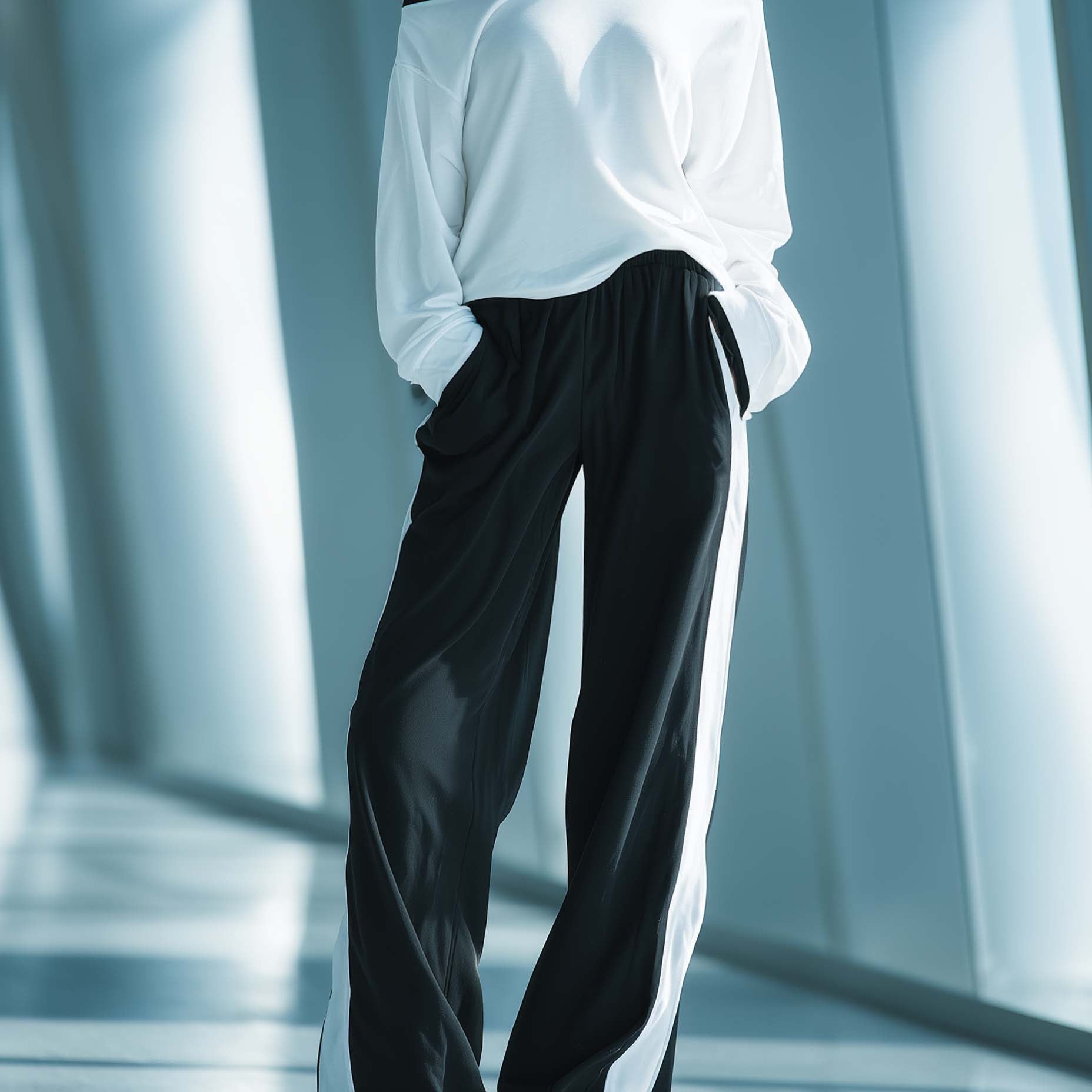 Women's Stylish Casual White Off-the-shoulder Top And Black Trousers Set