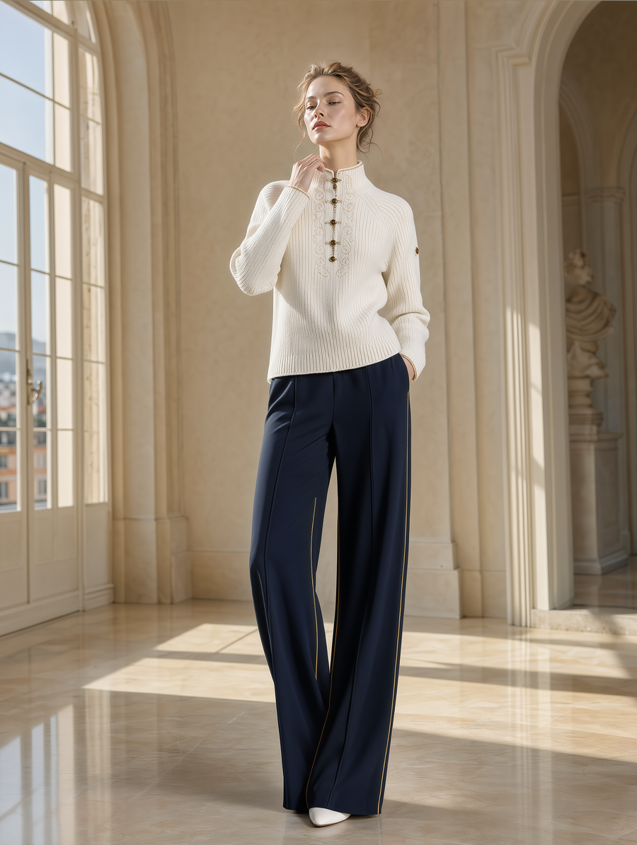Ivory Frog-Button Knit Sweater & Navy Wide-Leg Trousers Set