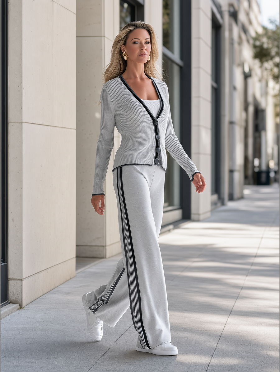 Light Grey Ribbed V-Neck Cardigan & Wide-Leg Pants Set