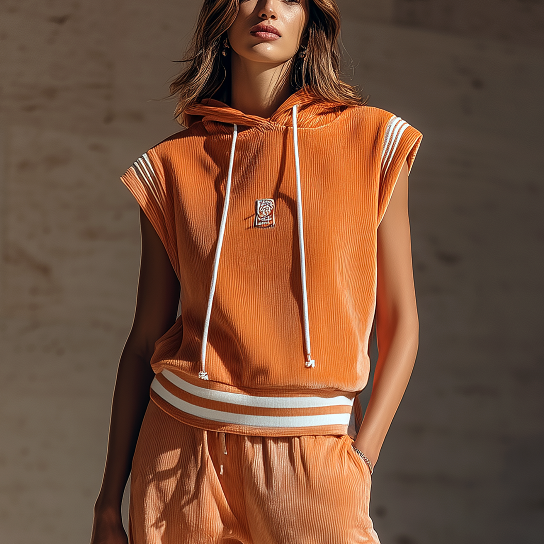 Retro Orange Velvet Hooded Vest Sleeveless Casual Sports Top
