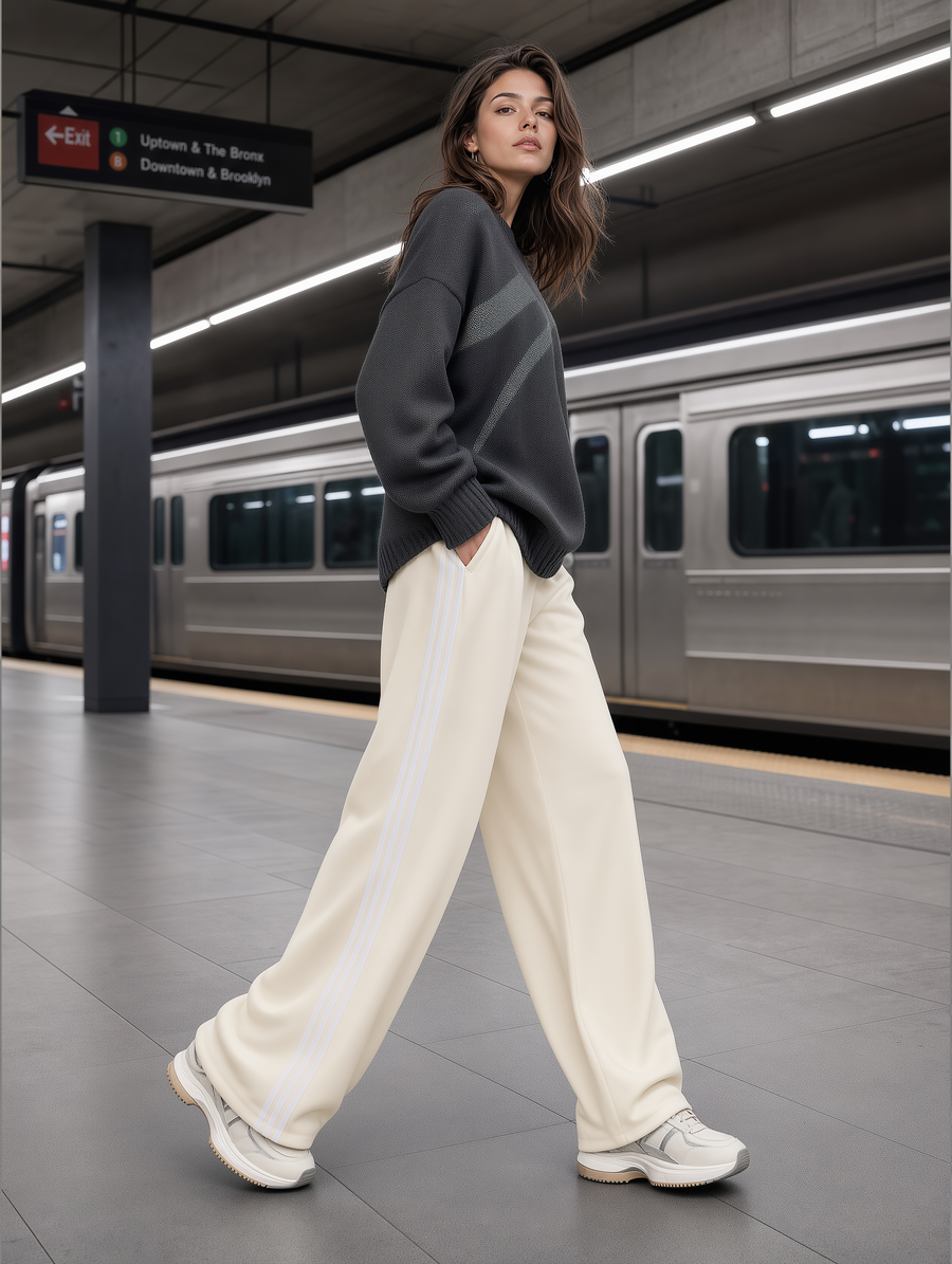 Charcoal Oversized Sweater & Cream Stripe Wide-Leg Pants Set