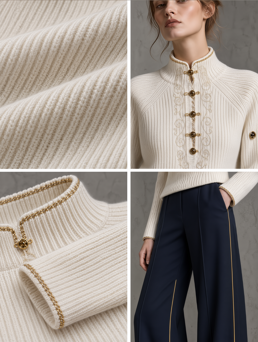 Ivory Frog-Button Knit Sweater & Navy Wide-Leg Trousers Set
