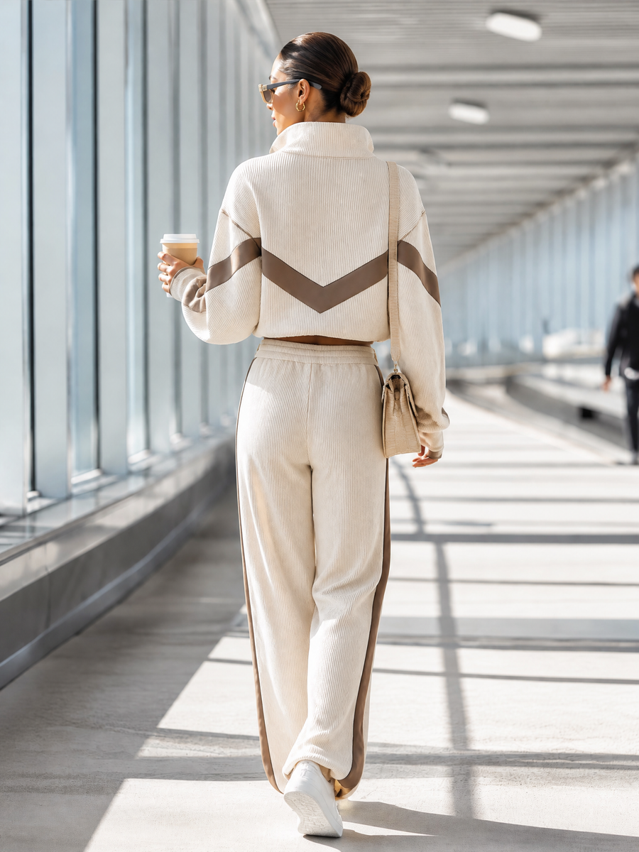 Oatmeal Color-Block Half-Zip Knit Top & Wide-Leg Pants Set