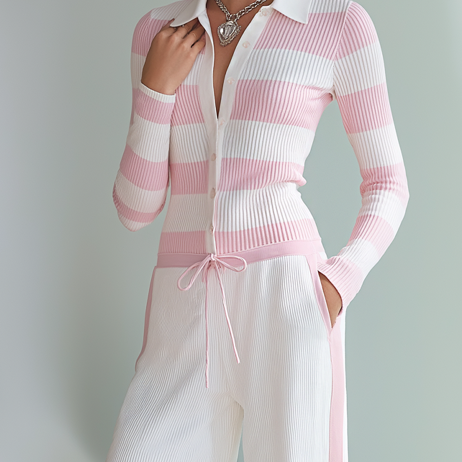 Women's Fashionable Pink And White Striped Knitted Polo Cardigan